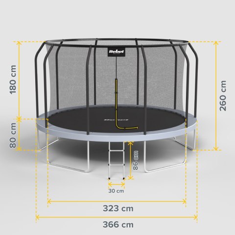 Trampolina Rebel Active PRO 12ft/366 cm, siatka, drabinka