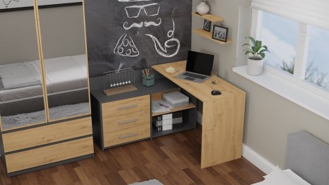 Zestaw BIURKO DANY Narożne ANTRACYT / DĄB ARTISAN + Fotel REMUS NIEBIESKI
