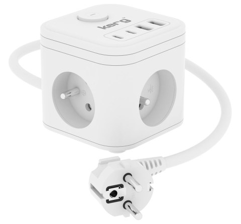 Kerg smart - kostka zasilająca 3-gniazdowa + ładowarka USB-A+USB-C 1,5m 3×1,5mm2 H05VV-F 16A/250V~