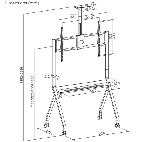 MACLEAN STAND / WÓZEK DO TV, PÓŁKA NA KAMERĘ, NA KÓŁKACH, 55-100", MAX. OBCIĄŻENIE 120KG/10KG PÓŁKA, MAX. VESA 900X600 MC-114
