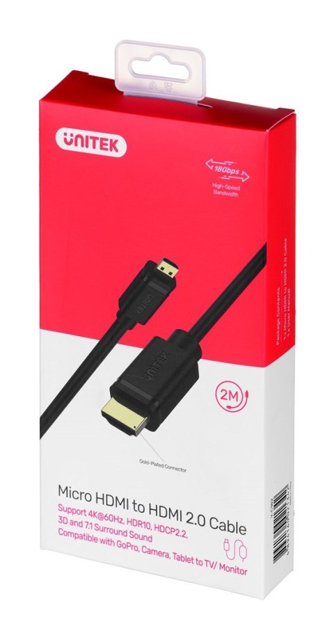 UNITEK KABEL MICRO HDMI-HDMI 2.0,4K60HZ,2M, Y-C182