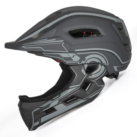 Kask rowerowy fullface dziecięcy z tylną lampką USB 52-56 cm - szary