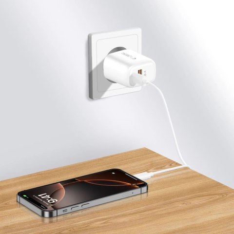 Ładowarka sieciowa NCA30 USB-A USB-C PD QC 30W z kablem USB-C 1m - biała