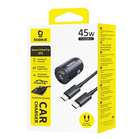Ładowarka samochodowa USB-C z kablem USB-C 45W 1m - czarna
