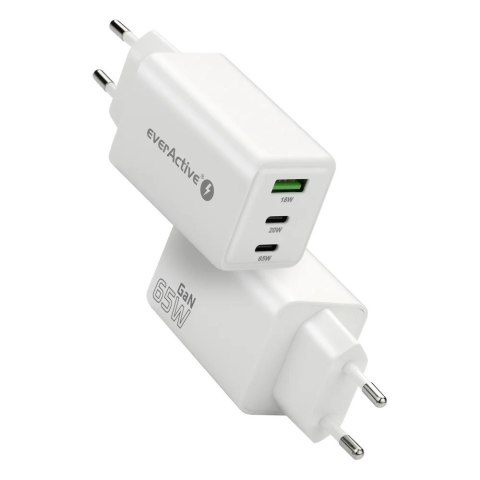 EVERACTIVE ŁADOWARKA SIECIOWA GAN 1 X USB, 2 X USB-C QUICK CHARGE 4+ 65W BIAŁA SC-655Q