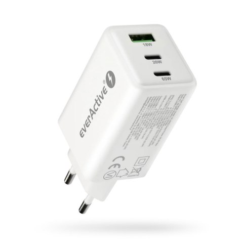 EVERACTIVE ŁADOWARKA SIECIOWA GAN 1 X USB, 2 X USB-C QUICK CHARGE 4+ 65W BIAŁA SC-655Q