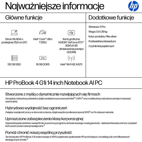 HP ProBook4 G1i Ultra 7 255U 14"WUXGA 300nits 60Hz 16GB DDR5 5600 SSD512 Arc Cam1080p 56Wh W11Pro Pike silver 3Y OnSite