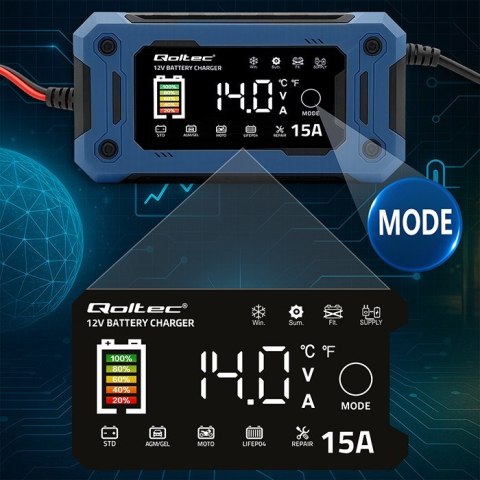 QOLTEC ŁADOWARKA 12V 15A | PROSTOWNIK DO AGM GEL LIFEPO4 | LCD
