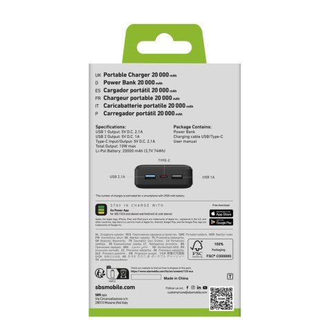 Powerbank 20000 mAh USB-A USB-C - czarny
