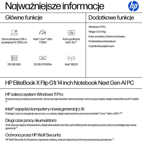 HP Elitebook X G1i Flip Ultra 7 258V 14.0"WUXGA Touch IPS AG 400 nits 32GB LPDDR5x SSD512 Intel Arc Cam 5 Mpx AI 68Wh W11Pro Gla